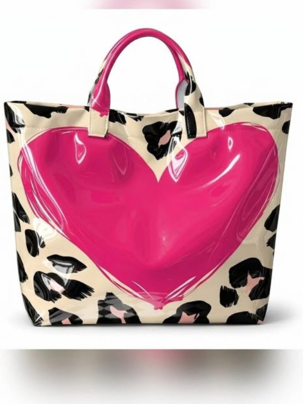 Back To School Leopard Print Stylish Faux Leather Pink Heart Tote Bag Waterproof